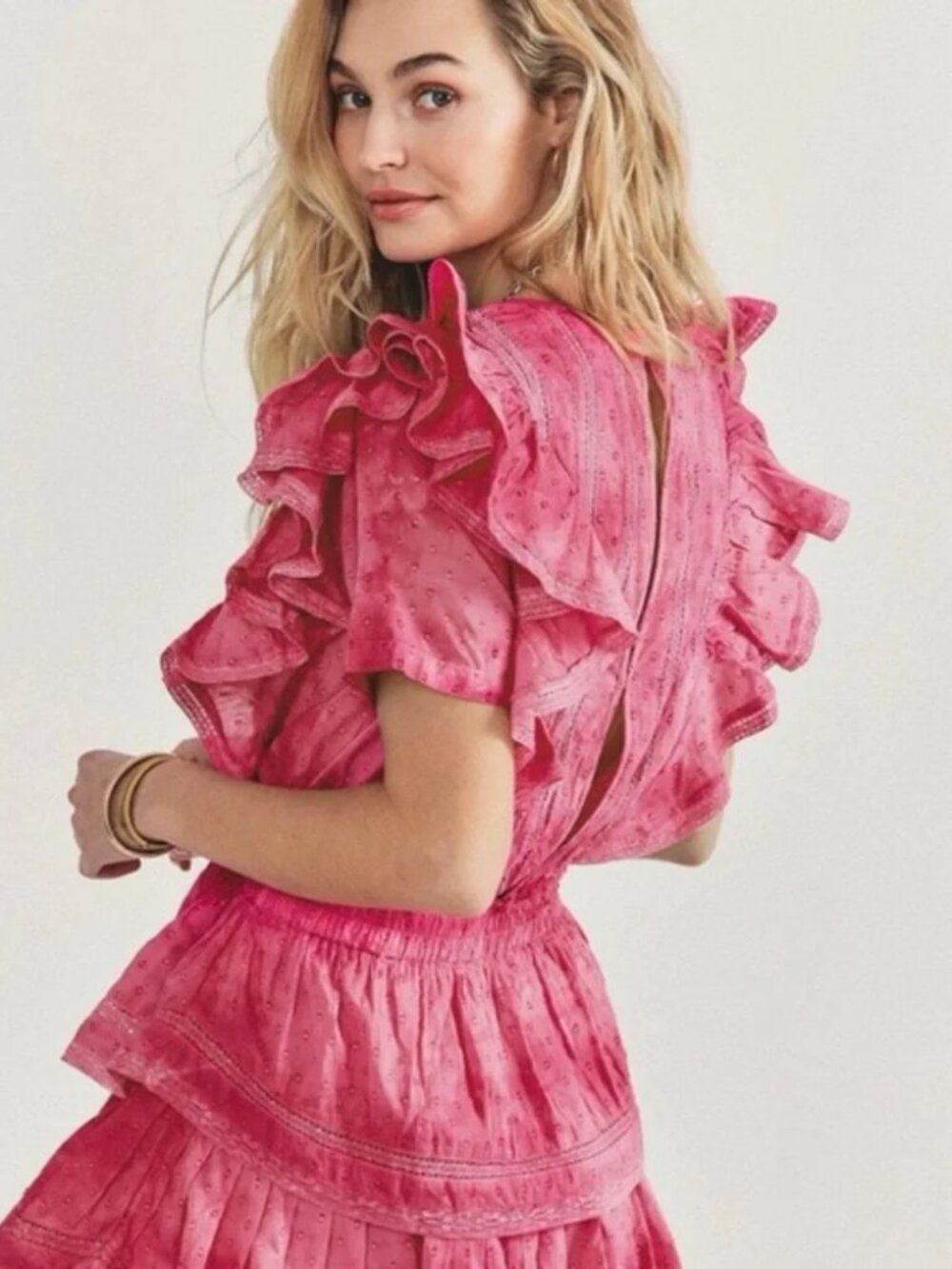 LoveShackFancy Natasha Pink Swiss-Dot Lace Ruffle Tiered Mini Dress XS